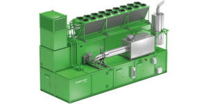 Image of the three pre-assembled modules of a Jenbacher Type 6 generator container for efficient installation and transport Jenbacher Type 6 Three-Module Container Layout